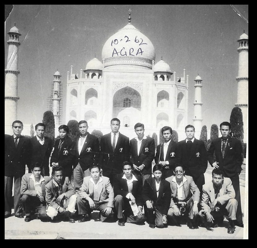 Manipur Hockey Team visiting the Taj Mahal in Agra 1962 : Standing (L) ex-IGP Waikhom Damodar (deceased). Standing (R) author    