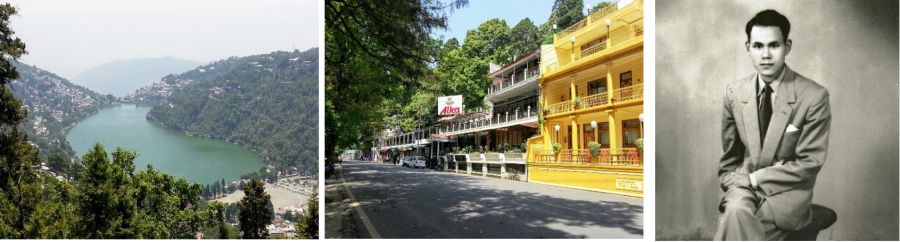  (L) Naini Tal (Naini Lake). The far end is the beginning of the town. (2016)  (M) 2/3 of the tarmac road was Mall Road.    1/3 of the road on the left was at a lower level & surfaced with chips for natives to walk (R) Author in Nainital   1955 