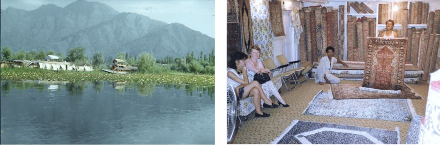  (L)  Houseboats in Dal Lake, Srinagar, Kashmir 1980; (L-R) Author's daughter Anita & wife Margaret 1980 ;Inside a houseboat selling carpets in Dal Lake, Kashmir 