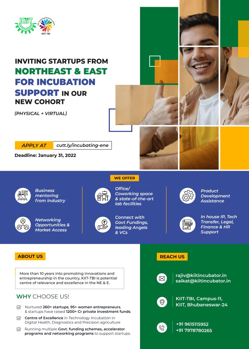  Inviting startups from NE & E for incubation support at KIIT TBI Bhubaneswar 
