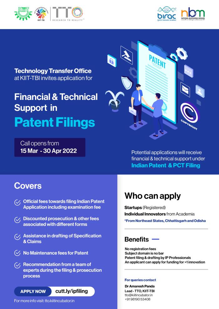  Patent Filing Support from KIIT-TBI Tech Transfer Office 