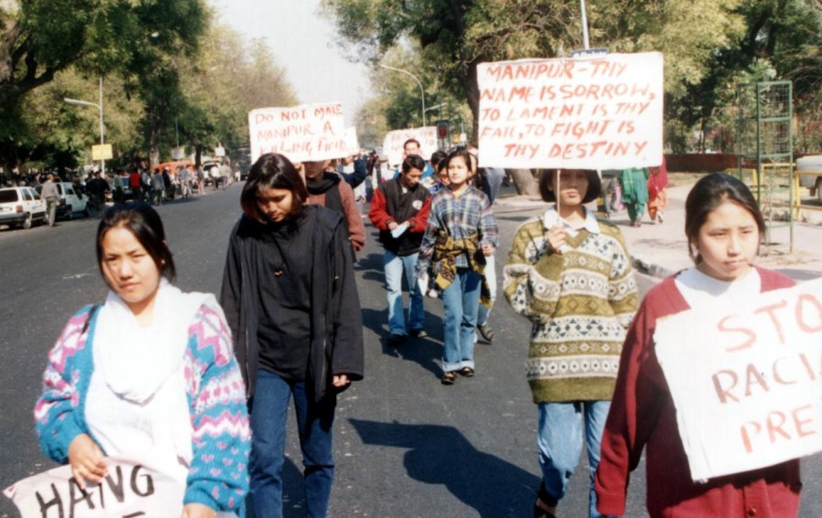  L-R (facing): Sobita & Pravabati leading the RMC massacre protest march. Yours truly in baseball jacket 