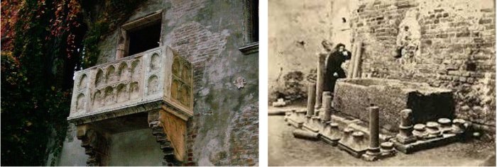 Real balcony of Juliet's House, and Juliet's Grave- red marble sarcophagus in Verona in Italy, 120 Km from Venice. Shakespeare's Romeo and Juliet is a true story of romantic love of two real lovers who lived and died for each other in Verona, Italy in 1303.  