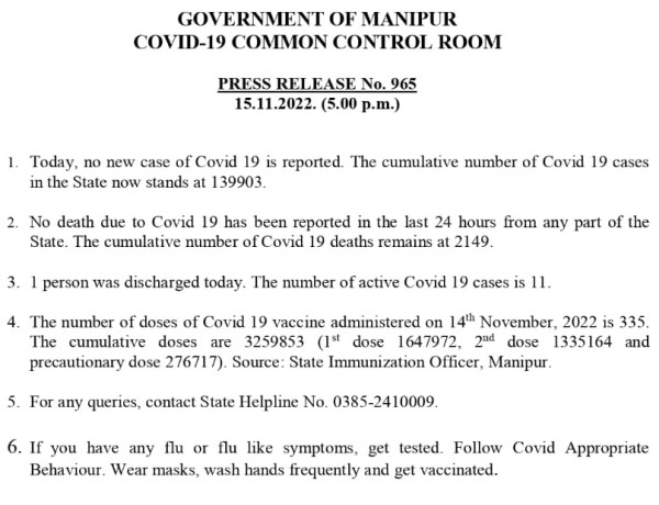   COVID-19: Status Update : 15 November 2022 