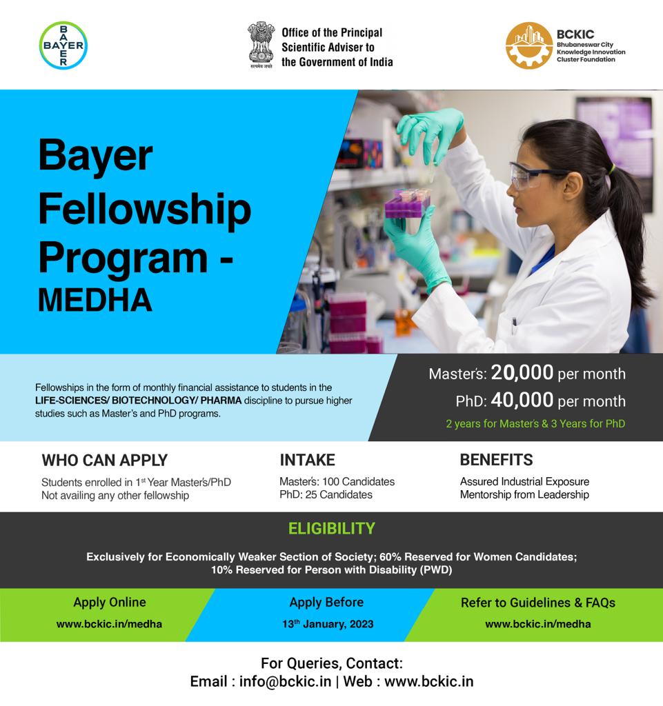  M.Sc and Ph.D fellowship provided at Bhubaneswar City Knowledge Innovation Cluster (BCKIC) 