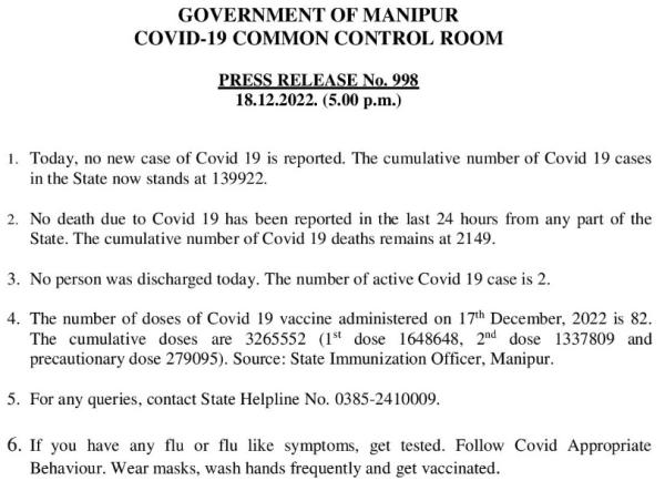   COVID-19: Status Update : 18 December 2022 