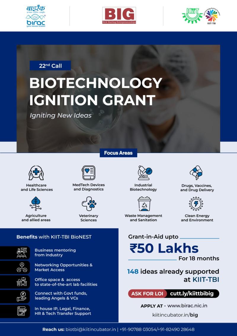  BIG grant, Ideation to Proof of concept grant Rs. 50 Lakhs 