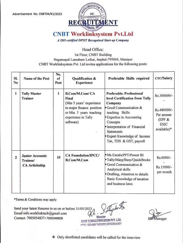   Multiple Jobs at CNBT worklinksystem, Imphal 