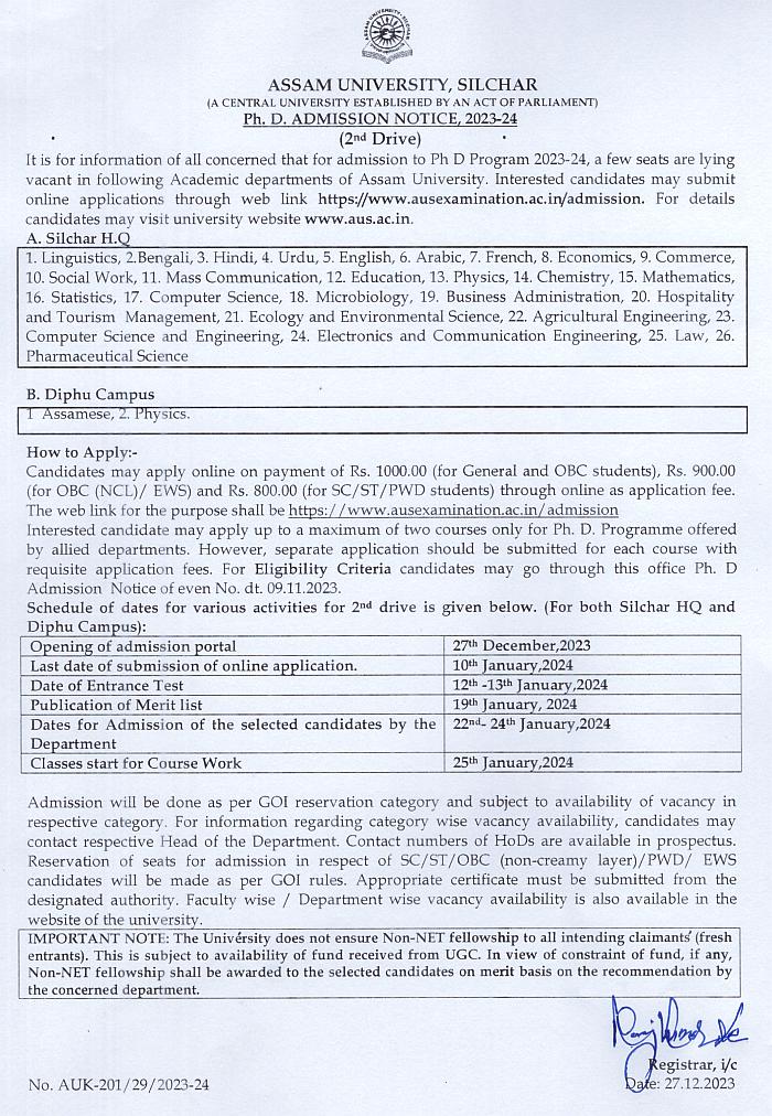 Notification of Assam University PhD Admission (Second Drive) 